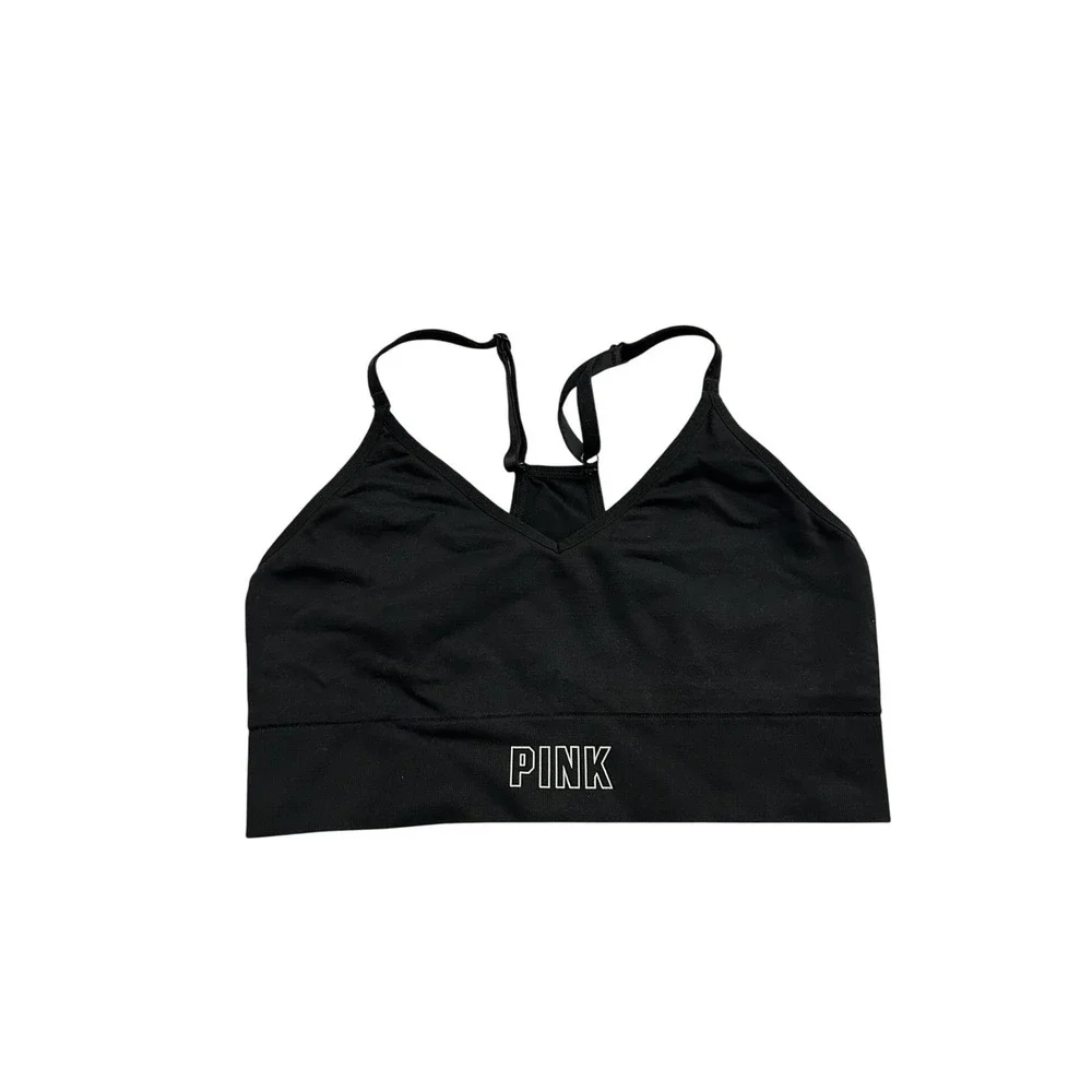 PINK Victoria's Secret Sports Bra Womens Medium Black Excellent Racerback V-Neck